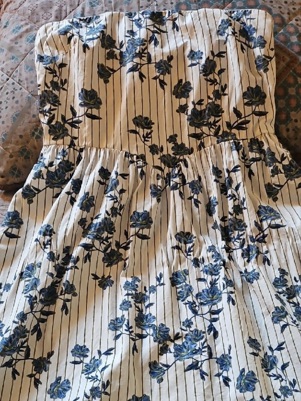 Strapless White Dress with Blue Floral Print